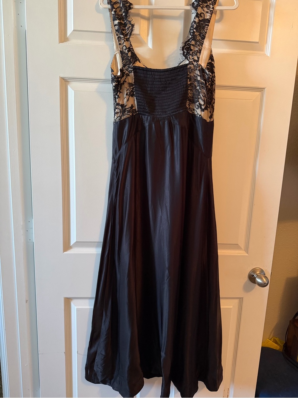 Maeve Black Satin Midi Dress with Ivory Lace Bodice - Picture 3 of 3
